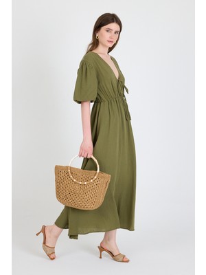 Haki %100 Pamuk Ön Bağlama Detaylı Midi Elbise 4785A