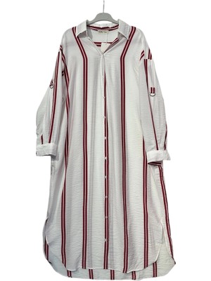 TELB02 Çizgi Desenli Kolu Katlanabilir Cepli Tunik/elbise