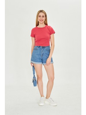 Kadın Örme Ribana Crop T-Shirt