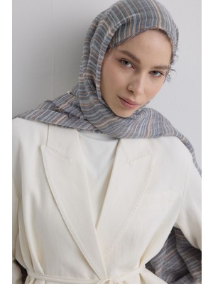 Baby Mavi Ince Çizgili Keten Dokulu Pamuklu Şal