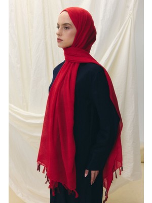 Lilyum Kırmızı Saçak Püsküllü Pamuklu Şal