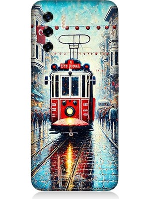 Reeder P13 Blue 2022 Uyumlu Yağmurlu Sokakta Kırmızı Tramvay  Desenli Silikon Kılıf