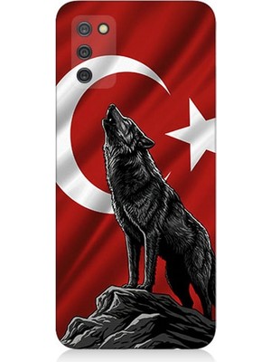 Samsung Galaxy A03S Uyumlu Bayrak Önünde Uluyan Kurt  Desenli Silikon Kılıf