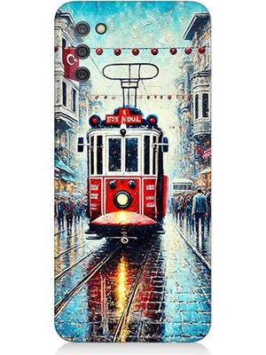 Samsung Galaxy A02S Uyumlu Yağmurlu Sokakta Kırmızı Tramvay  Desenli Silikon Kılıf