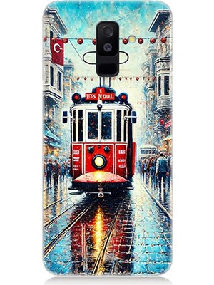 Samsung Galaxy A6 Plus Uyumlu Yağmurlu Sokakta Kırmızı Tramvay  Desenli Silikon Kılıf