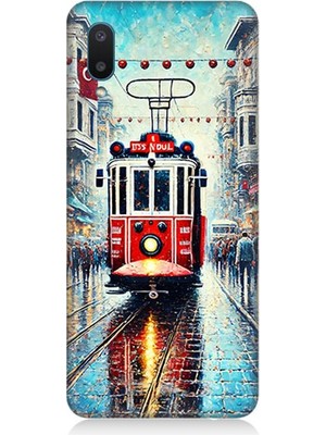 Samsung Galaxy A02 Uyumlu Yağmurlu Sokakta Kırmızı Tramvay  Desenli Silikon Kılıf
