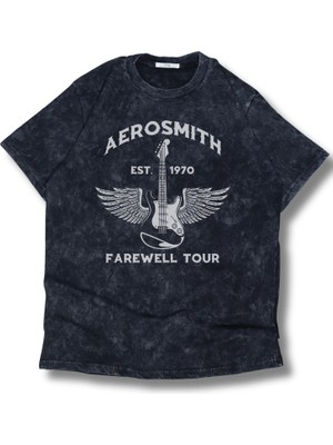 Fuddy Moda Oversize Aerosmith Est 1970 Baskılı Yıkamalı T-Shirt, Unisex Rock Muzik Baskılı Vintage Tişört