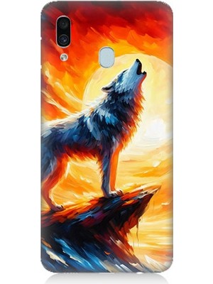 Samsung Galaxy A20 Uyumlu Kayalıkta Uluyan Kurt Yalnızlığı  Desenli Silikon Kılıf