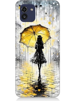 Samsung Galaxy A03 Uyumlu Yağmurda Sarı Şemsiye Altında  Desenli Silikon Kılıf