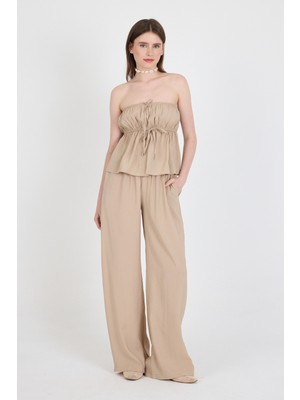 Koyu Taş Mavi Straplez Bluz ve Geniş Paça Pantolon Ikili Takım 5236