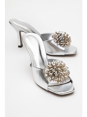 Shana Gümüş Çiçekli Kadın Ince Topuklu Terlik