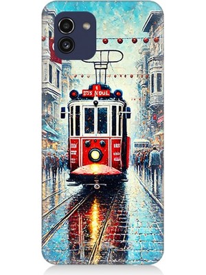 Samsung Galaxy A03 Uyumlu Yağmurlu Sokakta Kırmızı Tramvay  Desenli Silikon Kılıf