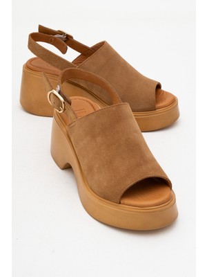 Power Taba Süet Hakiki Deri Kadın Dolgu Topuklu Sandalet