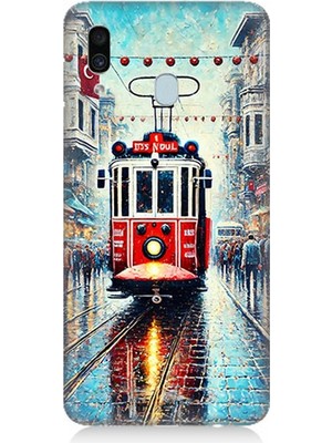 Samsung Galaxy A20 Uyumlu Yağmurlu Sokakta Kırmızı Tramvay  Desenli Silikon Kılıf