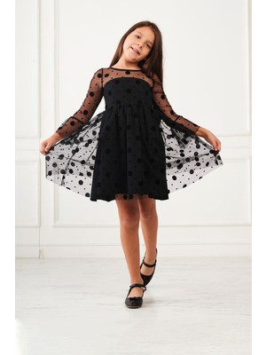 Kız Çocuk Puantiyeli Tüllü Elbise Siyah KVC886