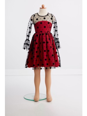 Kız Çocuk Puantiyeli Tüllü Elbise Siyah-Kırmızı KVC886