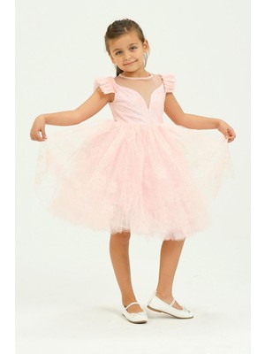 Kız Çocuk Tül Detaylı Abiye Elbise Pembe KVC1018