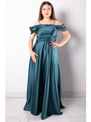 Askılı Saten Abiye Elbise Petrol MDV388