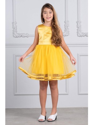 Kız Çocuk Saten ve Tül Abiye Elbise Sarı KVC996