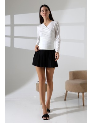 Kadın V Yaka Uzun Kollu Body Büzgülü Örme Bluz -B939