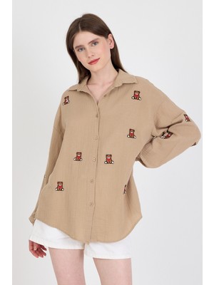 Vizon Keten Görünümlü %100 Pamuk Ayıcık Nakışlı Gömlek 4798A