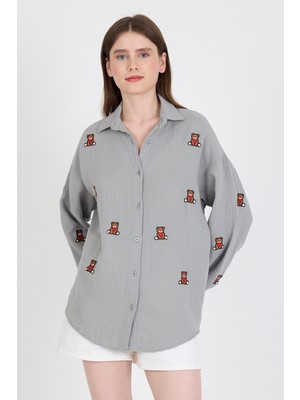 Gri Keten Görünümlü %100 Pamuk Ayıcık Nakışlı Gömlek 4798A