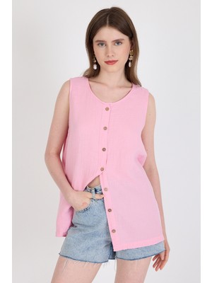 Pembe Keten Görünümlü %100 Pamuk Düğmeli Kolsuz Bluz 4808A