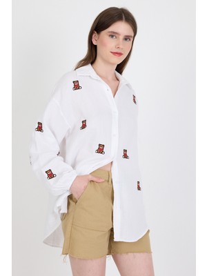 Beyaz Keten Görünümlü %100 Pamuk Ayıcık Nakışlı Gömlek 4798A