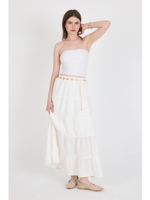 Beyaz Keten Görünümlü %100 Pamuk Kat Kat Uzun Etek 4801A