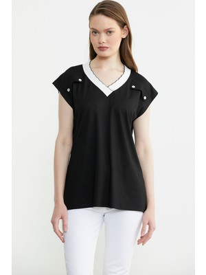 Triko Yaka Kombinli Penye Tişört - Siyah