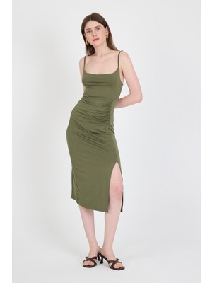 Haki Askılı Yırtmaçlı Drape Detaylı Dokuma Elbise 21003