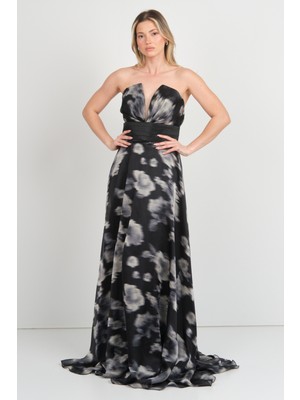 Maxra Govana Kadın Straplez Şifon Desenli Maxi Abiye Elbise 7099 Siyah