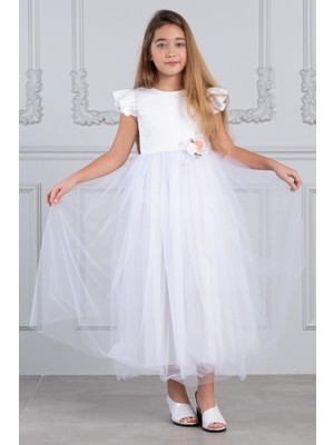 Kız Çocuk Tütülü Simli Abiye Beyaz KVC3009