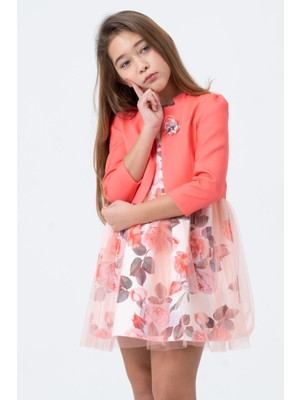 Kız Çocuk Ceketli Tül Abiye Elbise Nar Çiçeği KVC991