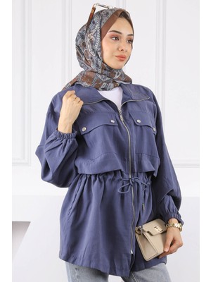 Lacivert Bel Bağlamalı Çift Cepli Trençkot