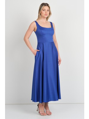 Dans Kadın Kalın Askılı Çift Cepli Saten Midi Abiye Elbise 1726 Saks