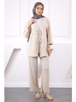 Taş Ön Bağlamalı Bürümcük Kimono Pantolonlu Takım