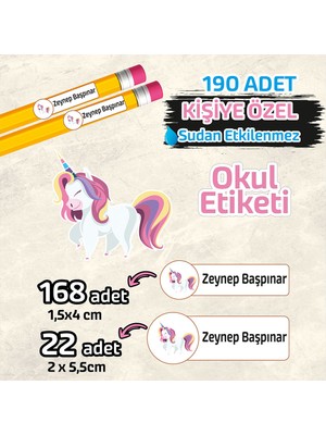 Okul Etiketi Kişiye Özel Kalem Defter Etiketi Unicorn 190 Adet