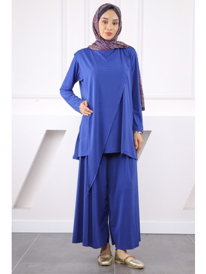 Saks Mavi Ön Detaylı Sandy Tunik Pantolon Takım