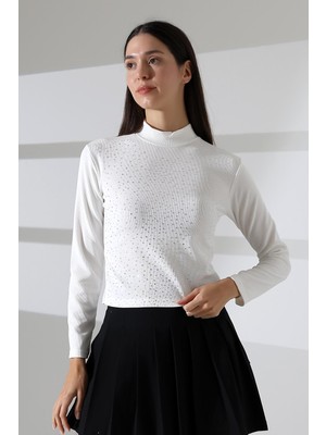 Kadın Uzun Kol Taşlı Bluz, Yarım Balıkçı Yaka (Boğazlı) Body B921