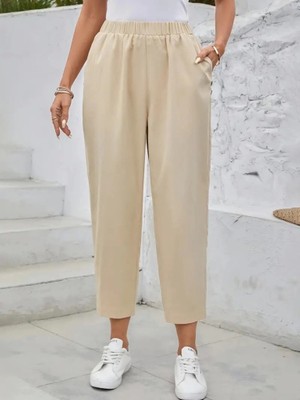 Defy Moda Kadın Yüksek Bel Yandan Cepli Düğme Detaylı Geniş Kesim Ithal Krep Pantolon