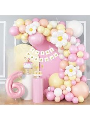 Bkmc Party Pembe Sarı Renklerinde Papatya Temalı Yaş Folyolu Doğum Günü Parti Kutlama Seti Süsü
