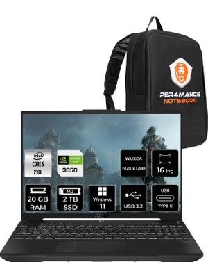 Asus Tuf Gaming F16 Core 5 210H RTX 3050 Gaming Laptop 20GB RAM 2TB SSD 16" FHD+ 144Hz Win11 Pro + Per4 Çanta FX607VJRL033P419