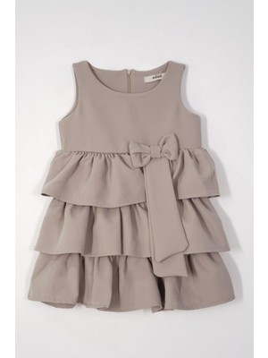 Bisiklet Yaka Kurdele Detaylı Eteği Fırfırlı Sıfır Kol Taş Rengi Kız Çocuk Elbise