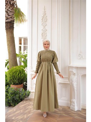 O Yaka Göğsü Büzgülü Belden Bağlamalı Kolları Lastikli Uzun Elbise - (38-46) - 71272 - Haki