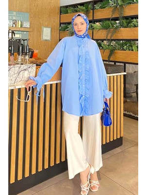 Lamelif Flores Fırfırlı Tunik Bebe Mavisi Uzun Dokuma Kadın Oversize Tasarım