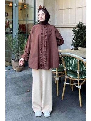 Lamelif Flores Oversize Fırfırlı Tunik Acı Kahverengi Uzun Kol Düz Desenli Kadın Üst