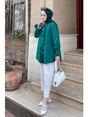 Lamelif Zümrüt Yeşili Flores Fırfırlı Tunik Uzun Kol Dokuma Oversize Düz Desen