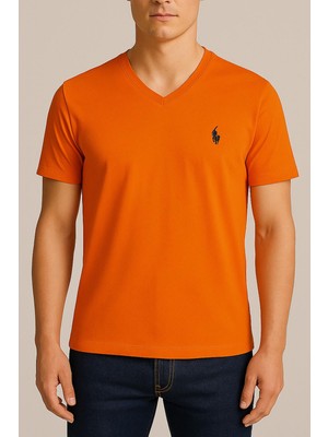Erkek Turuncu V Yaka Regular Fit Basic Tişört C2T0N2O2