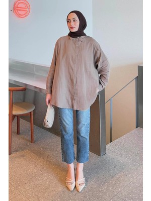 Lamelif Müslin Tesettür Gömlek Soft Kahve Pamuk Polyester Uzun Kol Oversize Tasarım